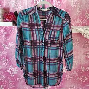 Fun 2 Fun Plaid Blouse - Teal and Purple
